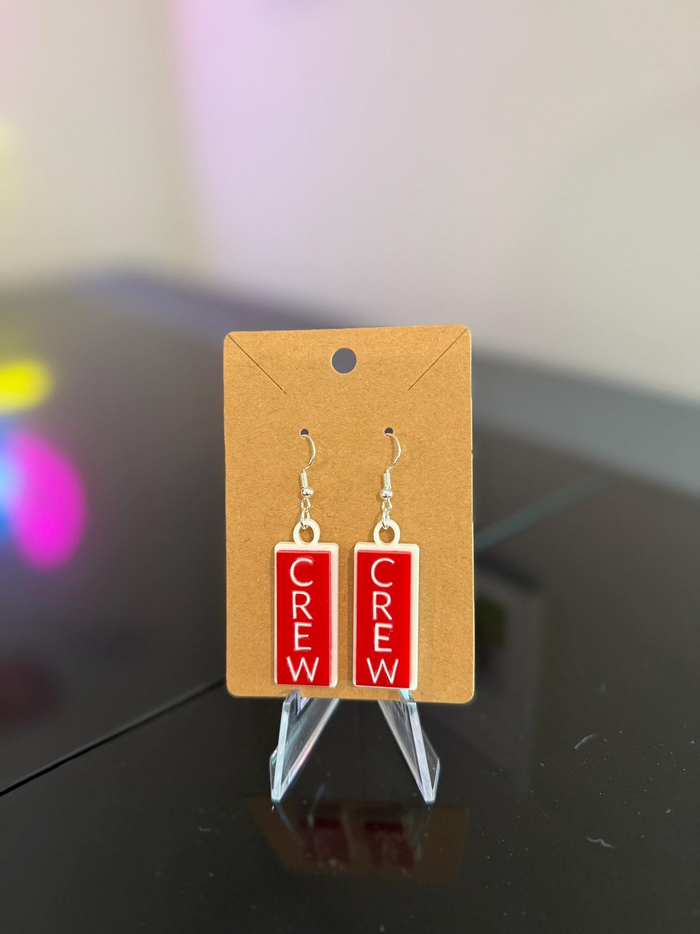 Fun Airline Crew tag earrings.