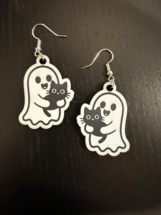 Holiday Halloween Ghost Holding Cat Earrings